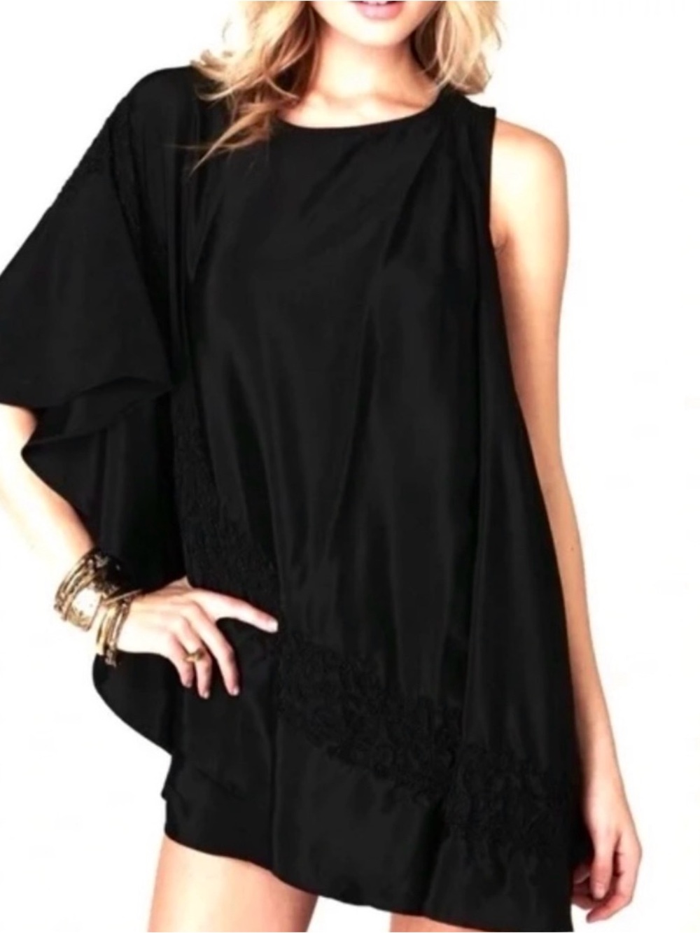 Free People Mini Black Satin One-Shoulder Cocktail Dress. Size Small